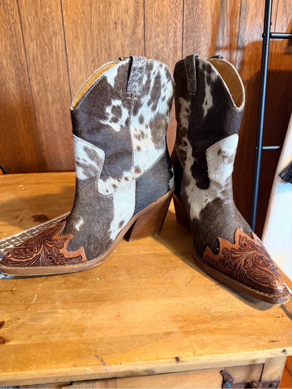 Myra Bag Brown & White Cowhide Western Ankle Booties